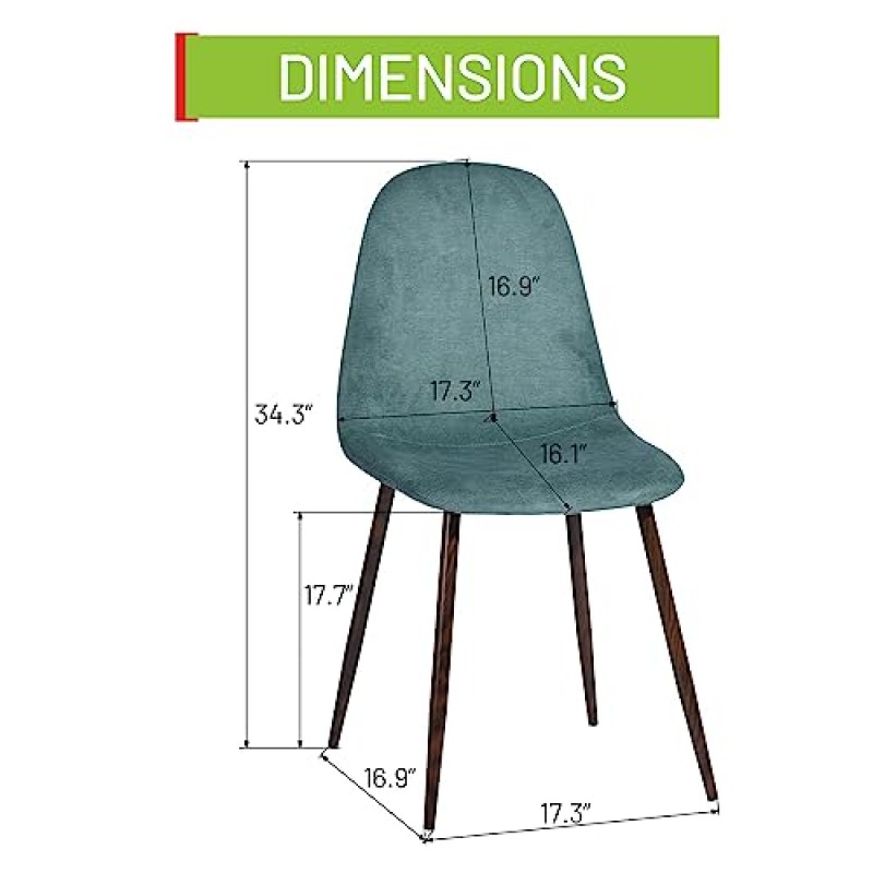 FurniutreR 4개 세트, 패브릭 사이드 미드 센츄리 모던 룸 가정용 주방 다이닝 체어용 금속 다리가 있는 편안한 덮개를 씌운 쿠션 시트, 녹색