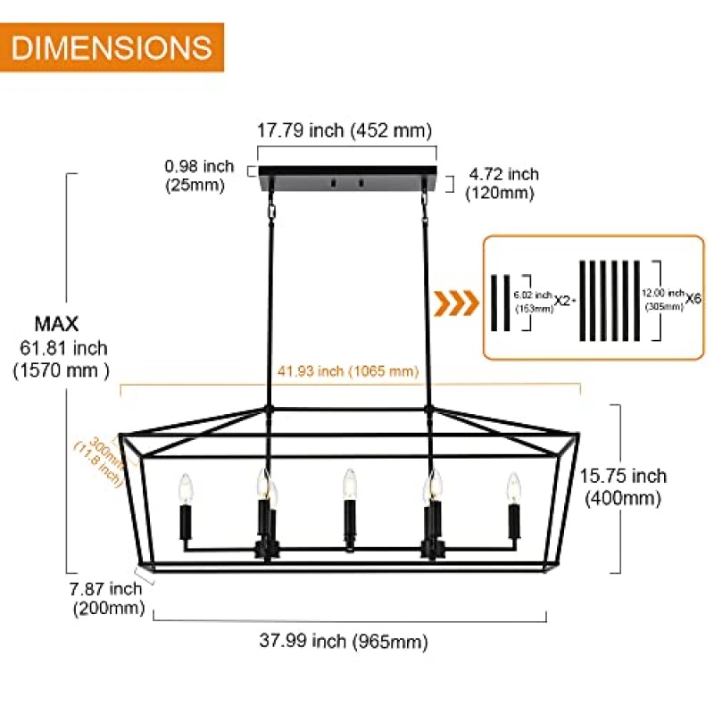 VINLUZ 8 등 농가 샹들리에 무광택 검정색 마감 금속 펜던트 주방 아일랜드 조명기구 다이닝 룸 매달려 천장 조명