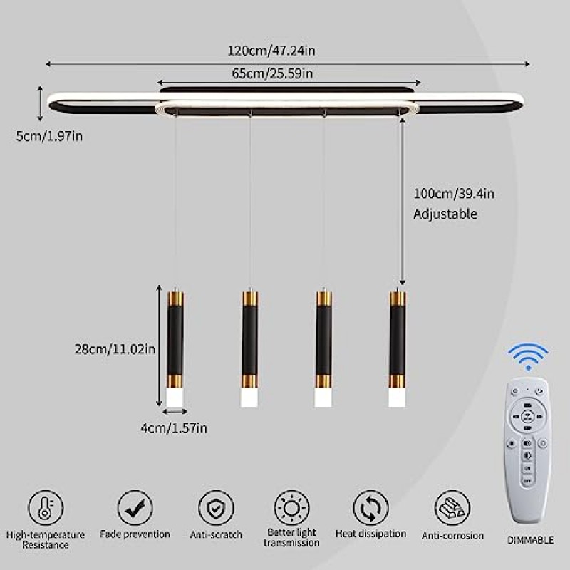 Ciowrouz 현대적인 LED 샹들리에 주방 다이닝 룸 샹들리에 6등 트랙 조명 조명기구 밝기 조절이 가능한 천장 조명 길이 조절이 가능한 펜던트 램프 블랙 행잉 라이트