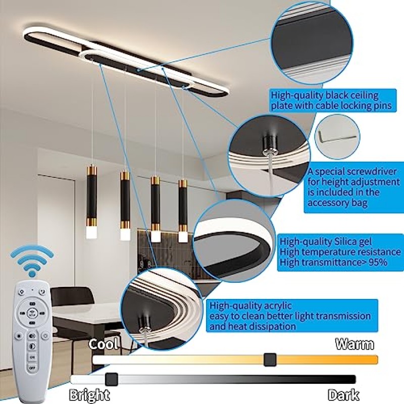 Ciowrouz 현대적인 LED 샹들리에 주방 다이닝 룸 샹들리에 6등 트랙 조명 조명기구 밝기 조절이 가능한 천장 조명 길이 조절이 가능한 펜던트 램프 블랙 행잉 라이트
