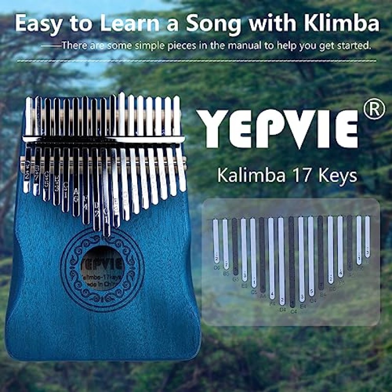 YEPVIE 칼림바 악기, 학습 도구가 포함된 전문가용 17키 칼림바 엄지 피아노, 독특한 손가락 피아노 악기는 어린이, 성인(마호가니, 블루)을 위한 훌륭한 선물입니다.