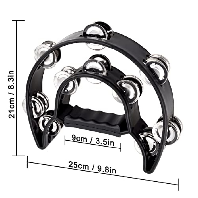 EastRock 이중 행 탬버린, 금속 징글 휴대용 타악기-성인용 하프 문 탬버린, KTV, 파티 블랙
