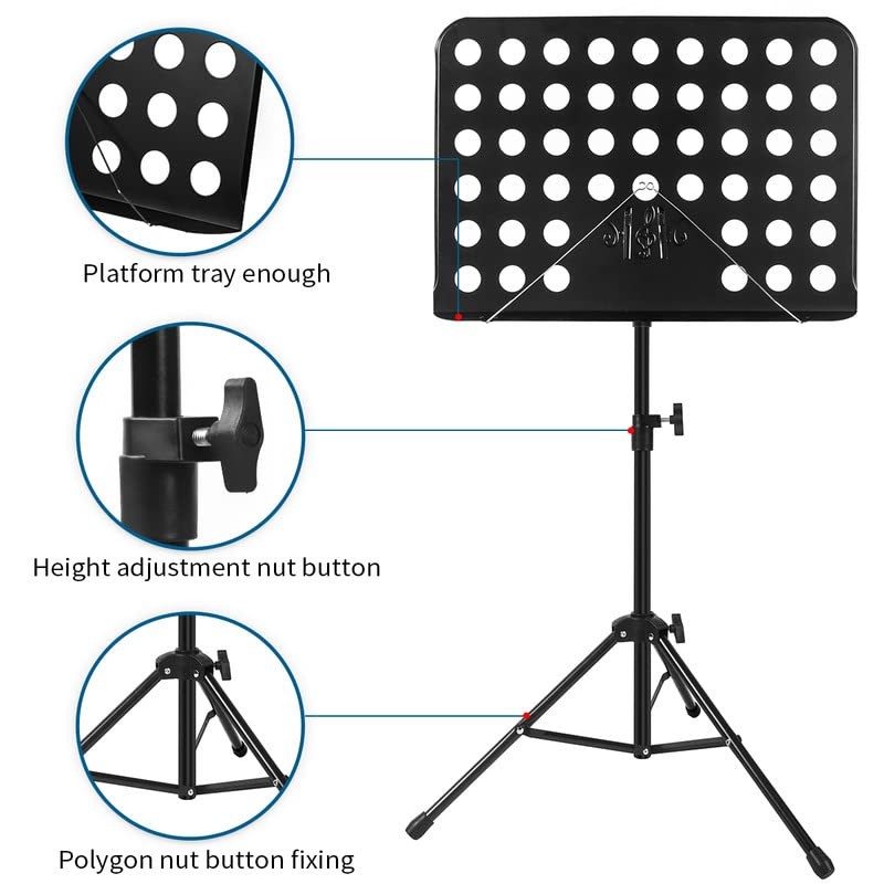 lotmusic 악보 스탠드, 휴대용 악보 스탠드, 접이식 및 높이 조절이 가능한 악보 스탠드, 가방, 악보 클립, 조명, 악기 연주 및 여행에 적합