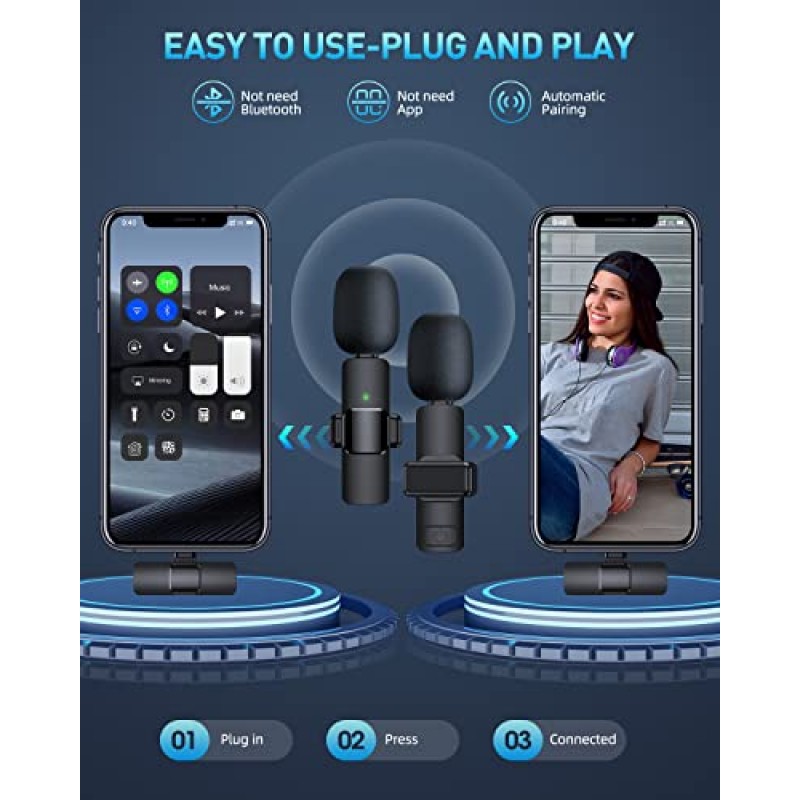 PQRQP 2팩 iPhone, iPad용 무선 라발리에 마이크 - 녹음, 라이브 스트리밍, YouTube, Facebook, TikTok을 위한 선명한 음질