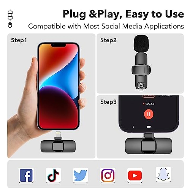 PoP 음성 2PCs iPhone/iPad용 무선 라발리어 마이크 듀얼 무선 클립온 마이크 iPhone 비디오 녹화용 옷깃 Lav 마이크 옴니 콘덴서 충전식 소음 감소 Vlog 인터뷰 YouTube 66ft