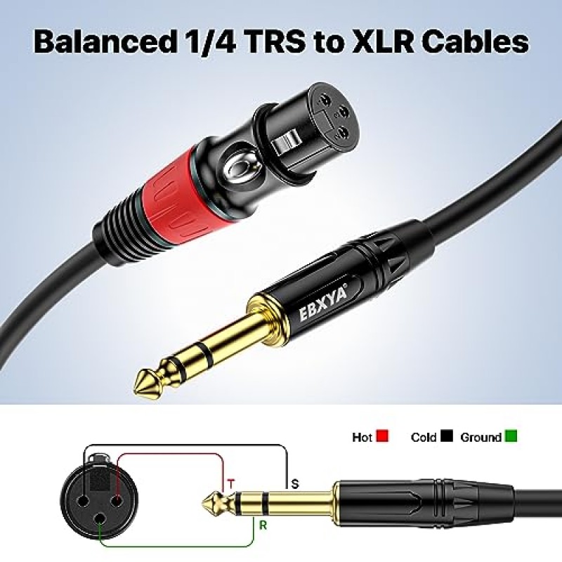 EBXYA XLR 암 - 1/4인치 TRS - 밸런스형 XLR 마이크 케이블 - 6.35mm 잭 리드, 3피트 2팩