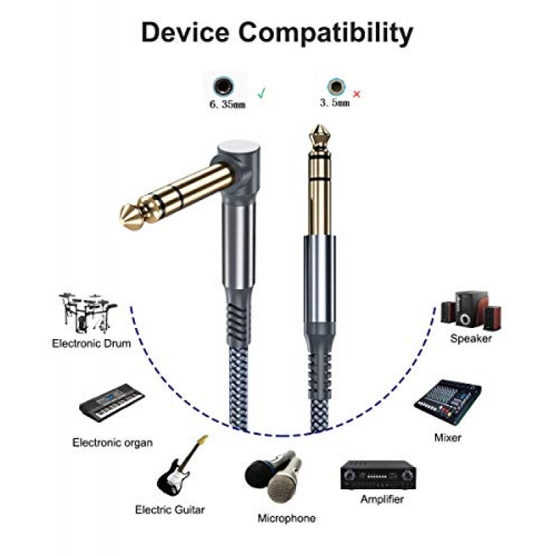 6.35mm TRS 악기 케이블 10FT 2팩, 직각 90도 1/4인치 남성 잭 스테레오 오디오 코드, 일렉트릭 기타, 베이스, 키보드, 믹서, 앰프/AMP, 스피커, 이퀄라이저, FT,6용 6.35 밸런스드 라인 리드