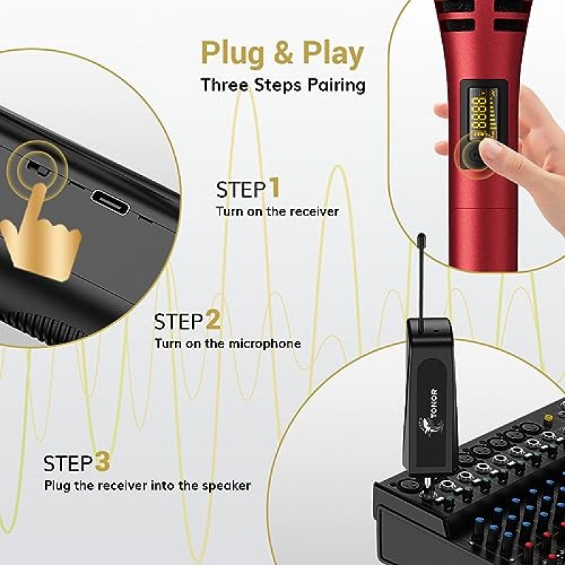 무선 마이크, TONOR UHF 듀얼 가라오케 마이크 시스템, 충전식 수신기가 있는 Microfonos Inalambricos 노래, 결혼식, DJ 파티, 스피치 TW320 블랙&레드용 무선 다이나믹 마이크 마이크로 키트