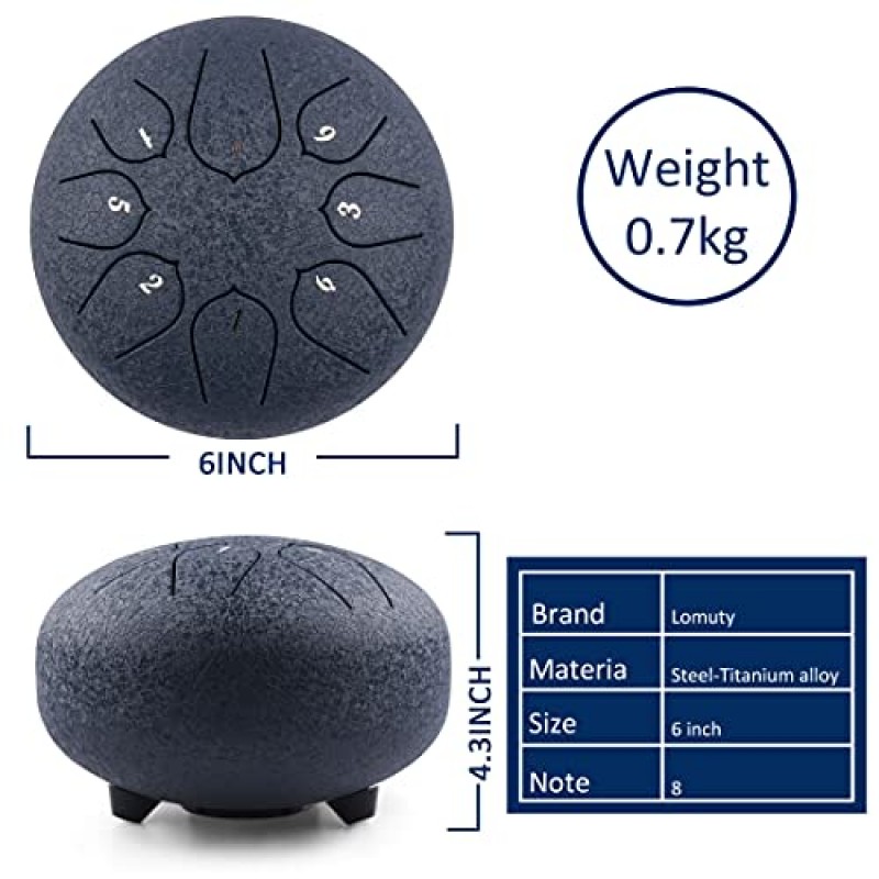 스틸 텅 드럼 - 8노트 6인치 - 타악기 - 핸드팬 드럼, 가방, 악보집, 말렛, 핑거 픽(6', 네이비)