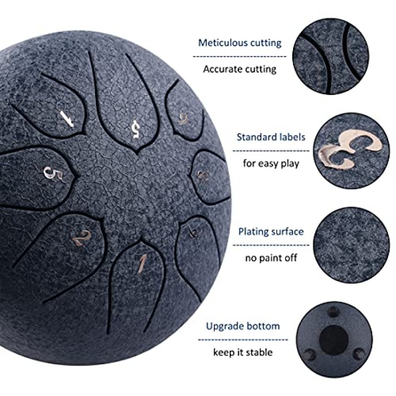 스틸 텅 드럼 - 8노트 6인치 - 타악기 - 핸드팬 드럼, 가방, 악보집, 말렛, 핑거 픽(6', 네이비)
