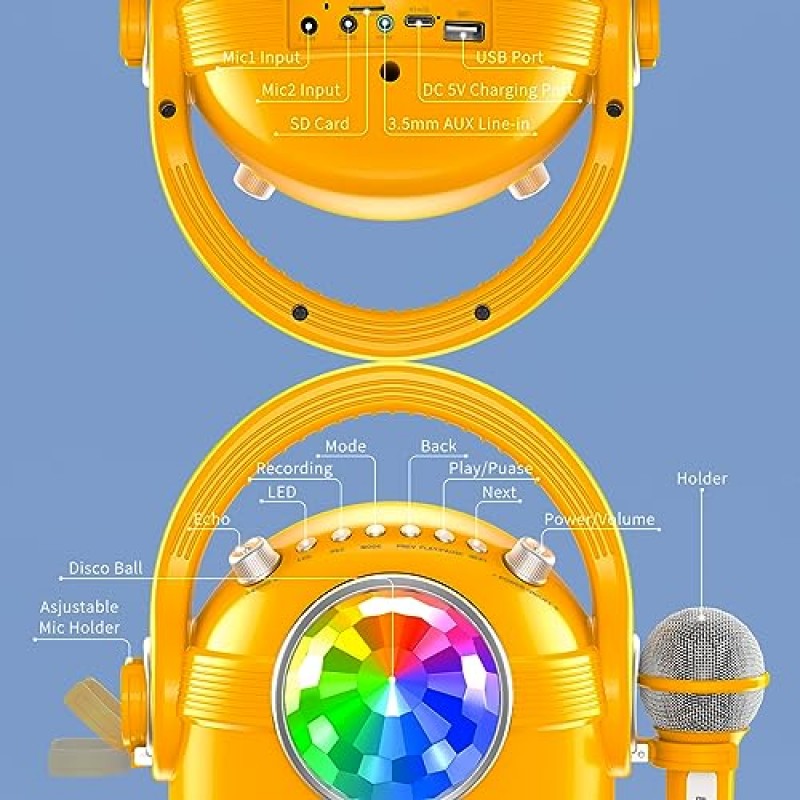 2개의 마이크가 있는 어린이를 위한 JYX 노래방 기계, 파티 조명이 있는 노래방 마이크 스피커, 원격 제어 기능이 있는 휴대용 PA 시스템, 소녀와 소년을 위한 선물