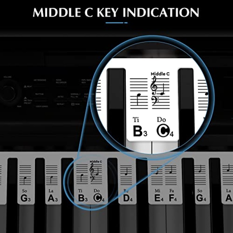 탈착식 피아노 키보드 음표 라벨, SS 피아노 키보드 스티커, 피아노 학습 초보자를 위한 키 노트 가이드 오버레이, 전체 크기 88건반, 비접착성 실리콘(검은색)