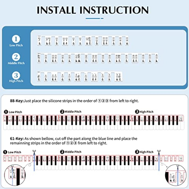 탈착식 피아노 키보드 음표 라벨, SS 피아노 키보드 스티커, 피아노 학습 초보자를 위한 키 노트 가이드 오버레이, 전체 크기 88건반, 비접착성 실리콘(검은색)