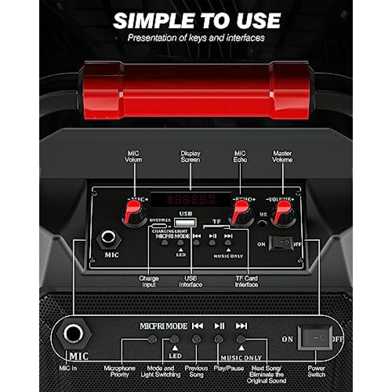 무선 마이크 2개가 장착된 노래방 기계, 성인과 어린이를 위한 Micpioneer Bluetooth 노래방 스피커, 홈 파티/생일 선물용 LED 조명이 포함된 휴대용 PA 시스템