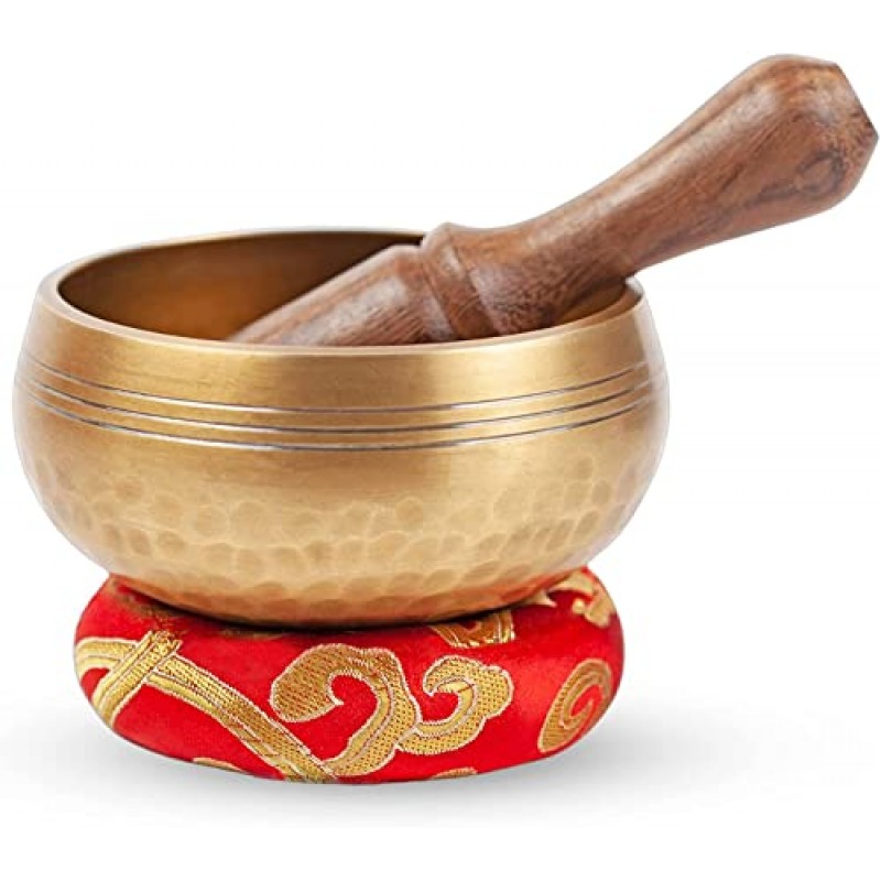 티베트 노래 그릇 세트 - 초보자를 위한 쉬운 연주 - 히말라야 바자르의 정통 수제 마음챙김 소리 그릇 명상 전체적 소리 7 차크라 치유 선물(3.2인치, 금)
