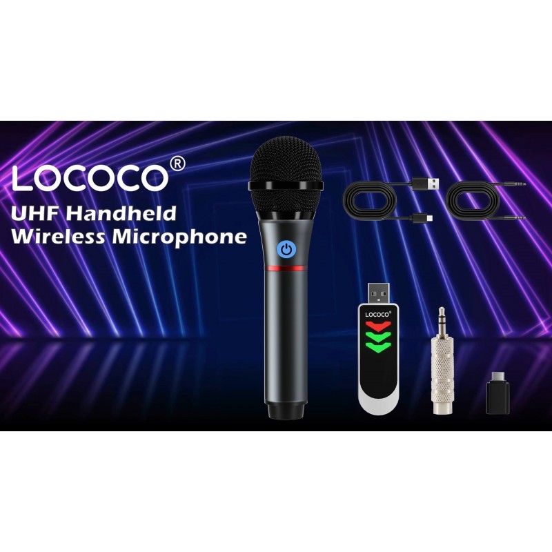 Lococo 무선 마이크, 가라오케 파티, 컴퓨터, 휴대폰, 앰프, PA 시스템, 노래 기계용 USB 수신기 음소거 기능이 있는 UHF 금속 충전식 휴대용 다이나믹 마이크