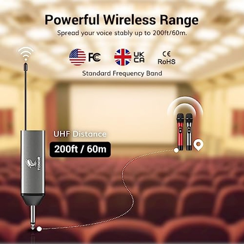 TONOR 무선 마이크, 충전식 수신기가 있는 금속 무선 마이크, 200피트 범위 UHF 핸드헬드 다이나믹 마이크로포노스 Inalambricos 전문 가라오케 노래 파티 웨딩 교회 TW630 그레이&레드