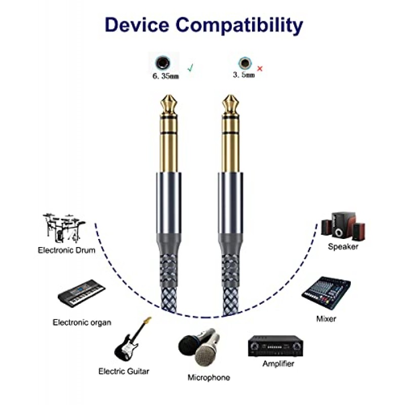 Elebase 1/4 인치 TRS 악기 케이블 15피트 2팩, 직선 6.35mm 수 잭 스테레오 오디오 상호 연결 코드, 일렉트릭 기타, 베이스, 키보드, 믹서, 앰프, 앰프, 스피커, 이퀄라이저용 6.35mm 밸런스드 라인