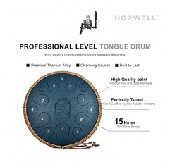 스틸 텅 드럼 - HOPWELL 15 Note 14인치 텅 드럼 악기 - 악보집, 스틸 핸드팬 드럼 말렛 및 캐리 백이 포함된 핸드 팬 드럼, D 메이저(네이비 블루)