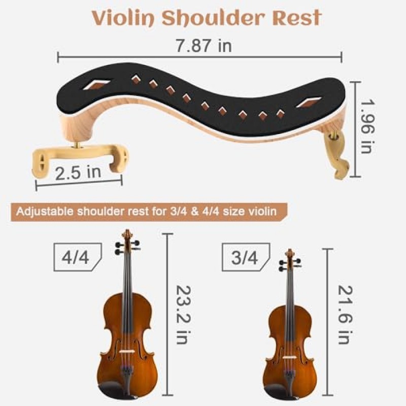 4/4 및 3/4 크기용 바이올린 어깨 받침, 너비와 높이 조절이 가능한 디자인의 바이올린 어깨 받침, 조정이 용이함, 편안한 소프트 폼 패드, 바이올린에 딱 맞는 실리콘 클로