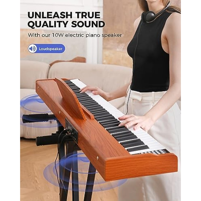 세미 웨이트 건반이 있는 Fesley 88건반 피아노, 초보자를 위한 풀사이즈 디지털 피아노 키보드, 보면대, 전원 어댑터, 서스테인 페달, 블루투스, MIDI, 브라운이 포함된 피아노 키보드 88건반