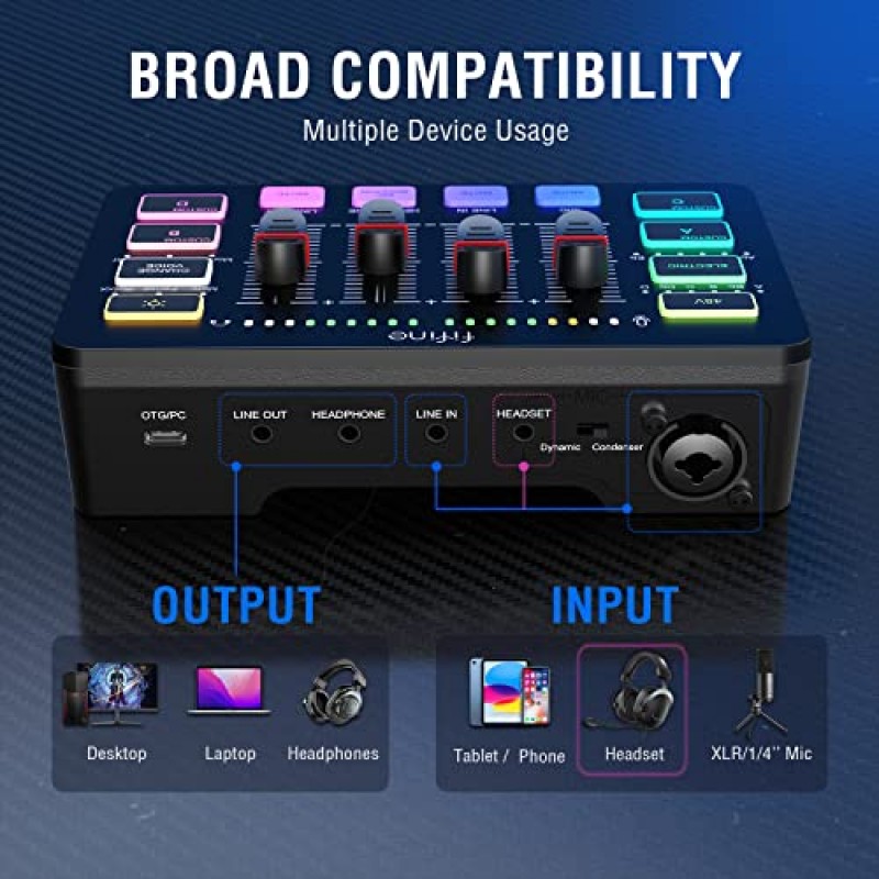 FIFINE 게임용 오디오 믹서, XLR 마이크 인터페이스가 있는 스트리밍 RGB PC 믹서, 개별 제어, 볼륨 페이더, 음소거 버튼, 48V 팬텀 전원, 팟캐스트/녹음/보컬/게임 음성-AmpliGame SC3용