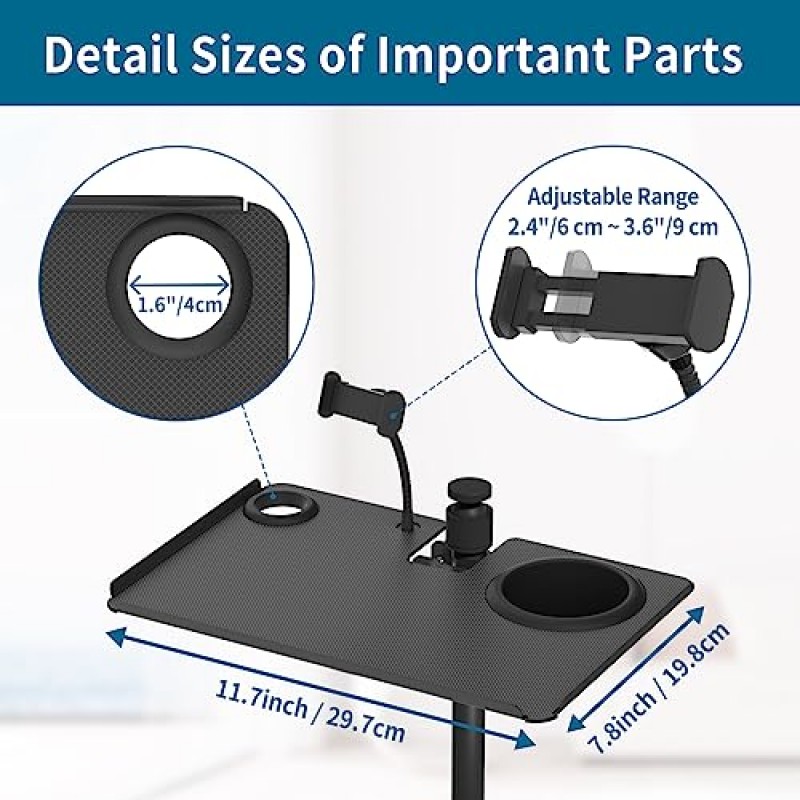 다기능 금속 휴대폰 홀더 마이크 스탠드 트레이 - 컵 홀더가 있는 범용 마이크 스탠드 트레이 선반, 트레이에 클램프 장착 스튜디오 콘서트 가라오케 및 파티(11.7