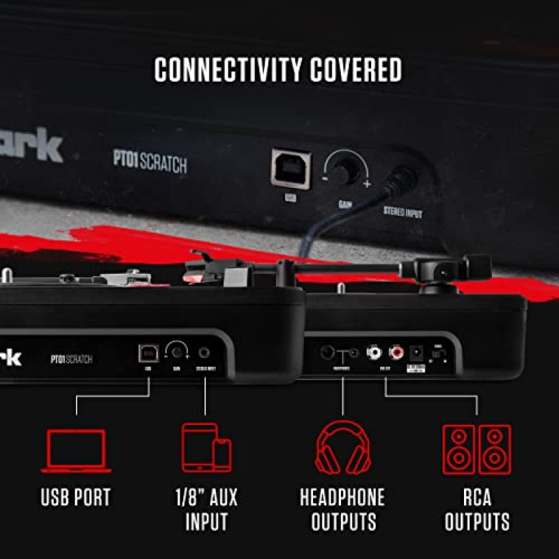 Numark PT01 스크래치 | 사용자 교체 가능한 스크래치 스위치, 내장 스피커, 배터리 또는 AC 어댑터를 통한 전원, 3단 속도 RPM 선택 및 USB 연결 기능을 갖춘 휴대용 DJ 턴테이블