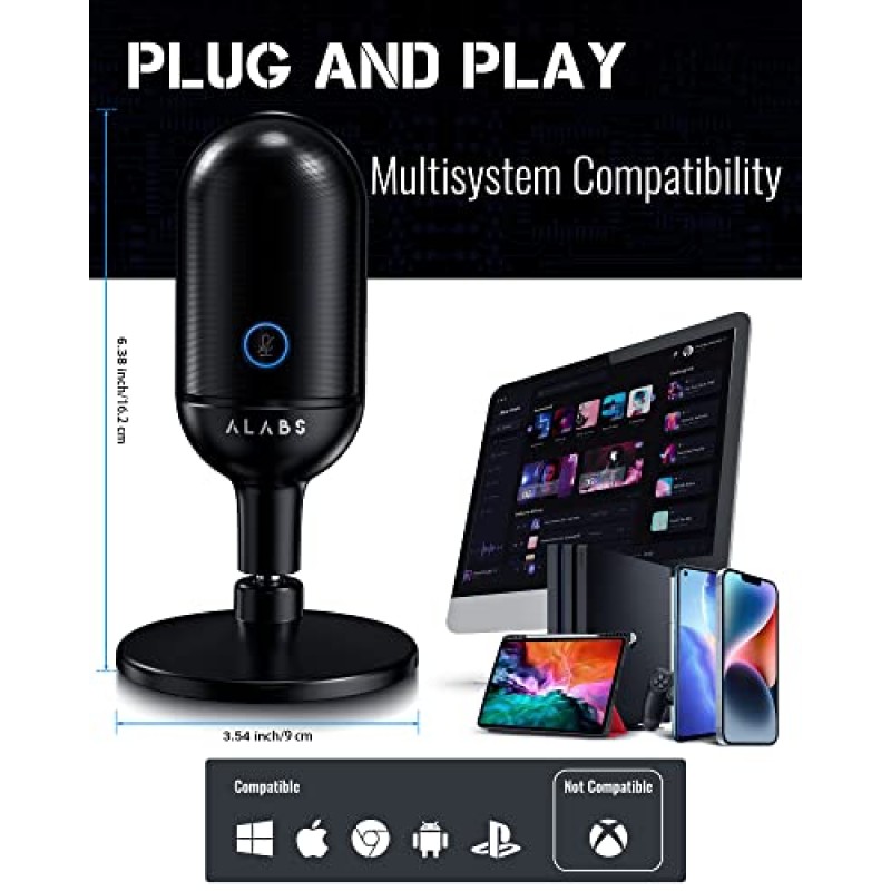 ALABS USB 마이크, 컴퓨터, Mac, 스마트폰용 콘덴서 팟캐스트 마이크, LED 빠른 음소거 기능이 있는 플러그 앤 플레이 게임용 마이크, 1/8