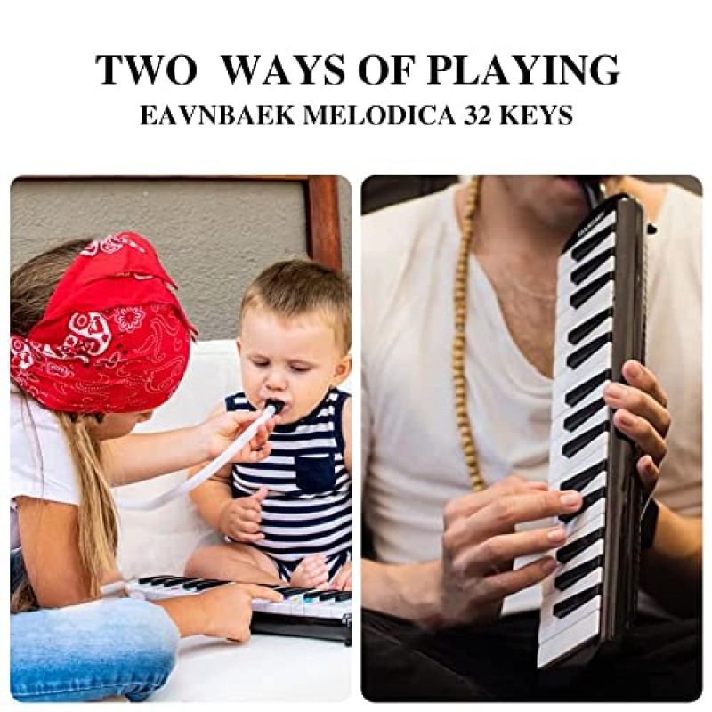 Eavnbaek 32 키 멜로디카 악기, 소프라노 멜로디카 에어 피아노 키보드 피아니카, 부드러운 긴 튜브 2개, 짧은 마우스피스 2개 및 휴대용 가방(검은색)