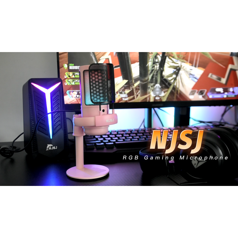 PC용 NJSJ USB 마이크, PS4/PS5/Mac/휴대폰용 게임용 마이크, 터치 음소거 기능이 있는 콘덴서 마이크, 화려한 RGB 조명, 스트리밍용 게인 노브 및 모니터링 잭, 팟캐스팅(핑크)