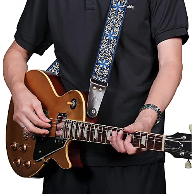 Nefelibata 기타 스트랩, 베이스, 일렉트릭 및 어쿠스틱 기타용 정품 가죽 끝부분이 있는 빈티지 자수 면 기타 스트랩, 무료 스트랩 버튼, 스트랩 잠금 장치 1쌍 및 기타 피크 4개 포함