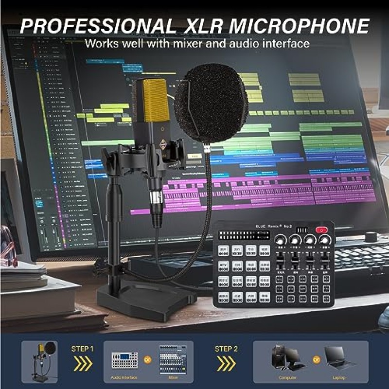 PROAR XLR 팟캐스트 마이크 전문 카디오이드 스튜디오 콘덴서 마이크(25mm 대형 다이어프램 포함) 컴퓨터 PC 게임용 마이크 키트(보컬 녹음, 스트리밍, YouTube(C414)용 업그레이드 팝 필터 포함)