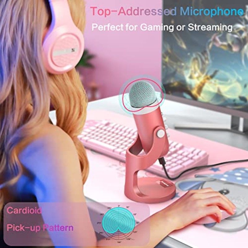ZealSound 게임용 USB 마이크, 전화 컴퓨터 PC PS5용 빠른 음소거 기능이 있는 분홍색 마이크, 게인 제어 기능이 있는 스튜디오 마이크, 스트리밍 보컬 녹음을 위한 에코 및 모니터 볼륨 조정 ASMR 팟캐스트 비디오 K66
