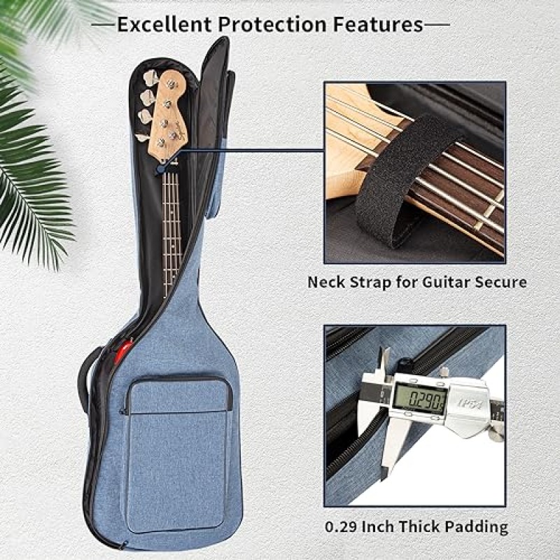MUZTOP 베이스 기타 가방, 7MM 패딩 베이스 기타 긱백 패딩 소프트 일렉트릭 베이스 기타 케이스 백팩(포켓 포함), 블루