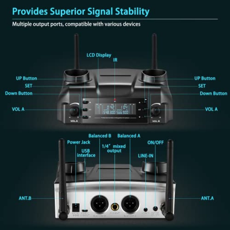 BEKBOES 전문 듀얼 다이내믹 핸드 헬드 UHF 무선 마이크 시스템, 자기 유도 무선 충전, 홈 가라오케/회의/파티/교회/결혼식을 위한 165피트 범위