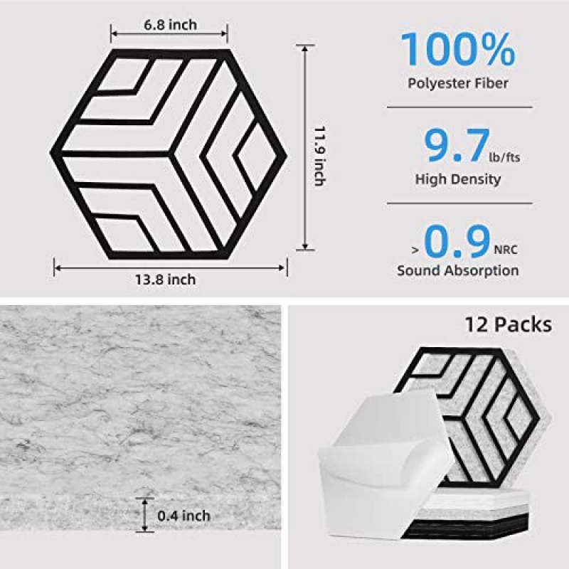 12 팩 자체 접착 음향 패널, 육각형 방음 패널, 14 X 12 X 0.4 In 흡음 패널, 난연성, 녹음 스튜디오 홈, 사무실용 고밀도 소음 감쇠 패널...