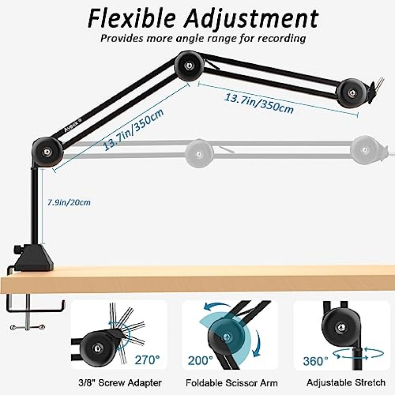 Aveek 오버헤드 마이크 붐 암 스탠드, 분리형 라이저 마운트 클램프가 있는 데스크 붐 암 마이크 스탠드 3/8