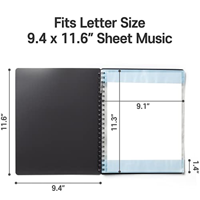 MECCALINE 악보 폴더(Letter, 1 팩) – 40 슬리브 디스플레이 80 페이지 보면대용 나선형 바인더 정리함 – Letter 크기 8.5 x 11 인치에 적합 – 분리형 이름 태그로 직접 페이지 쓰기