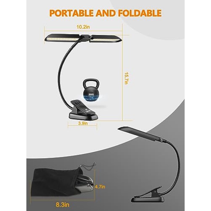 Vekkia 접이식 보면대 조명, 휴대용 42 LED 충전식 슈퍼 브라이트 클립 온 피아노 램프, 전문가용 5 밝기×3 색온도, 그랜드 피아노, 책 읽기에 적합