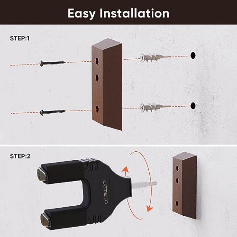 Ueteto 기타 벽걸이 자동 잠금 장치, 2팩 기타 벽 걸이, 어쿠스틱, 클래식, 전기, 베이스 기타용 단단한 목재 베이스 기타 후크(목재 베이스가 있는 자동 잠금 장치)