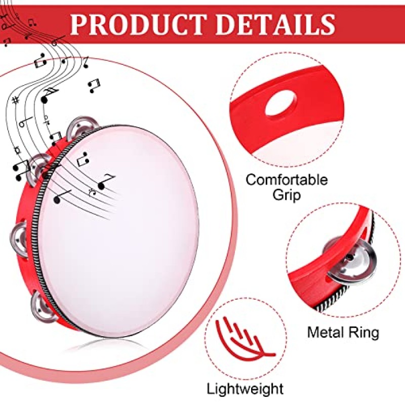 성인을위한 8 Pcs 탬버린 빨간 나무 핸드 헬드 탬버린 징글 4 가지 크기로 제공 단일 행 금속 징글 탬버린 뮤지컬 교육 탬버린 선물 교회 파티를위한 리듬 타악기