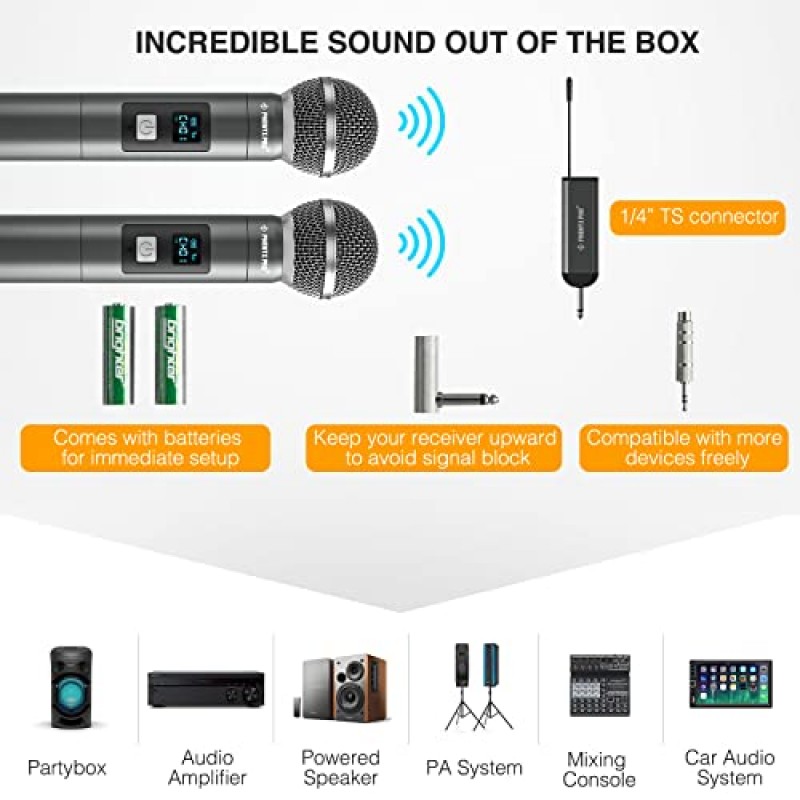 Phenyx Pro 듀얼 디지털 무선 마이크 시스템, 휴대용 다이나믹 마이크 2개, UHF 주파수 그룹 15개, 미니 수신기, 노래방, 교회, DJ, 노래용 금속 무선 마이크(PDP-2)