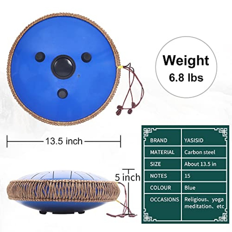 스틸 텅 드럼 13.5 인치 15 노트 - 야시시드, 성인용 텅 드럼, D 메이저 휴대용 가방, 악보, 지침, 캠핑, 명상 또는 요가용(사파이어 블루)