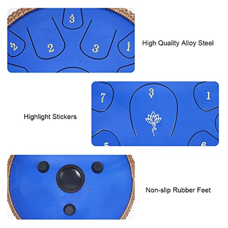 스틸 텅 드럼 13.5 인치 15 노트 - 야시시드, 성인용 텅 드럼, D 메이저 휴대용 가방, 악보, 지침, 캠핑, 명상 또는 요가용(사파이어 블루)