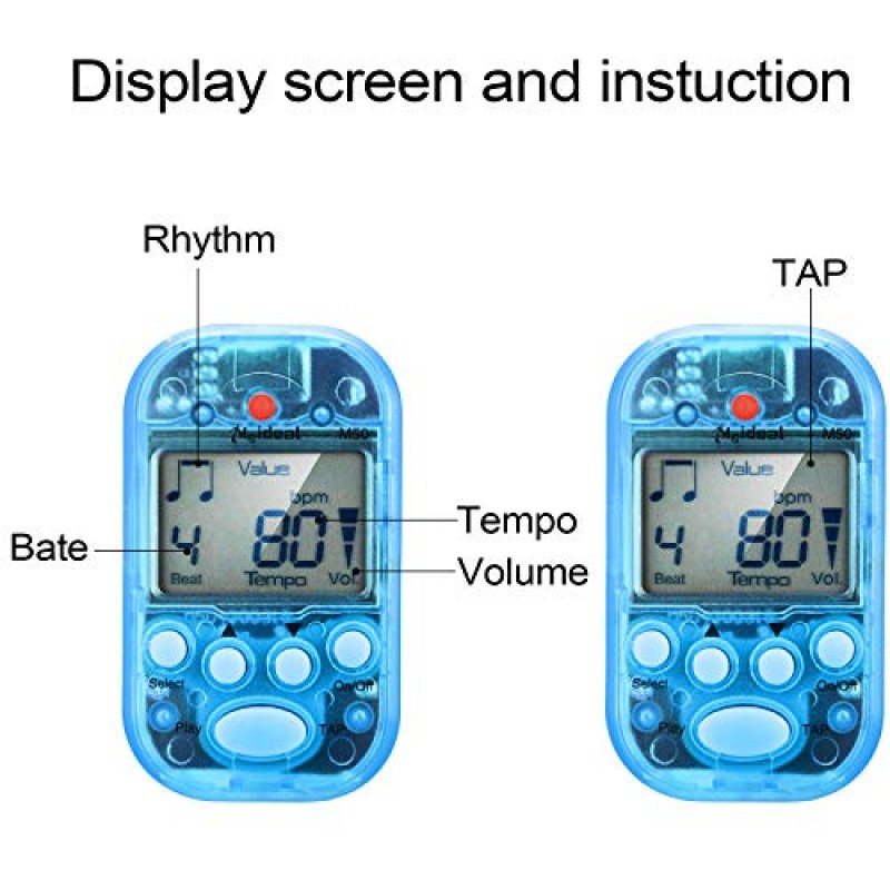 미니 디지털 메트로놈, 다기능, 휴대용, 볼륨 조절 가능, 클립온, 스피커 포함, 비트 템포, 피아노, 기타, 색소폰, 플루트, 바이올린, 드럼용 배터리 포함(투명 파란색)