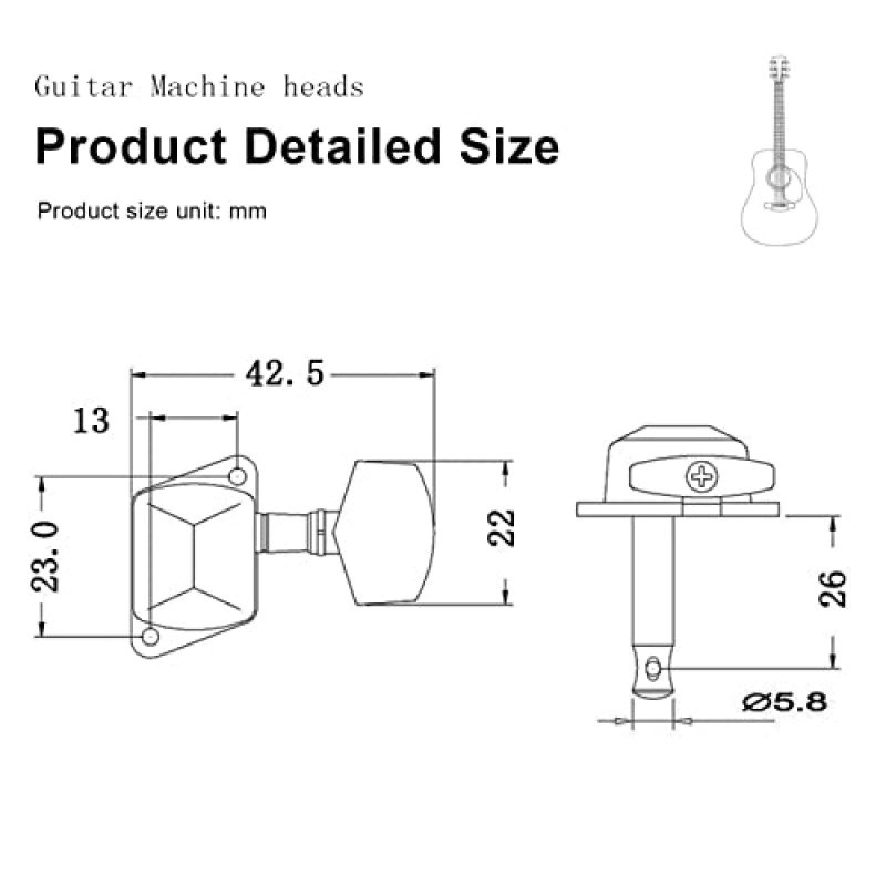 SAPHUE 3+3 반 폐쇄형 기타 튜너 스트링 튜닝 페그 키 어쿠스틱 또는 일렉트릭 기타용 머신 헤드 세트(검은색)