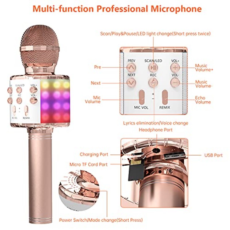 어린이를 위한 OVELLIC 가라오케 마이크, LED 조명이 장착된 무선 블루투스 가라오케 마이크, 휴대용 핸드헬드 마이크 스피커 기계, 여아 남아 성인 전 연령을 위한 훌륭한 선물용 장난감(로즈 골드)