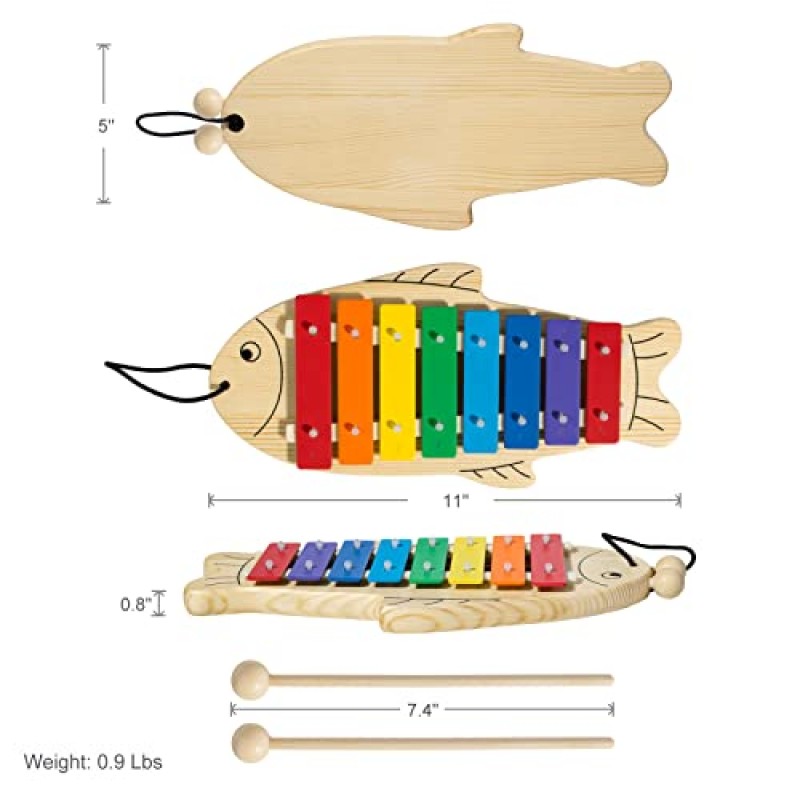 MUSICUBE 아기 유아용 실로폰 물고기 모양의 나무 실로폰 2개의 말렛 교육 및 유치원 학습 타악기 전문 튜닝 뮤지컬 장난감 3세 이상 어린이용