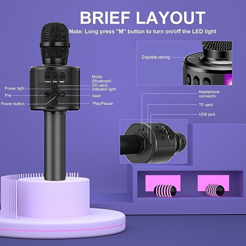 BONAOK 블루투스 무선 가라오케 마이크(LED 조명 포함), 4-in-1 휴대용 휴대용 마이크(스피커 포함) 가라오케 플레이어 노래 홈 파티 장난감 어린이를 위한 생일 선물 성인 소녀 Q78(검은색)